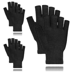 J0180-Unisex Black Fingerless Knit Gloves Winter Warm Stretchy Mittens